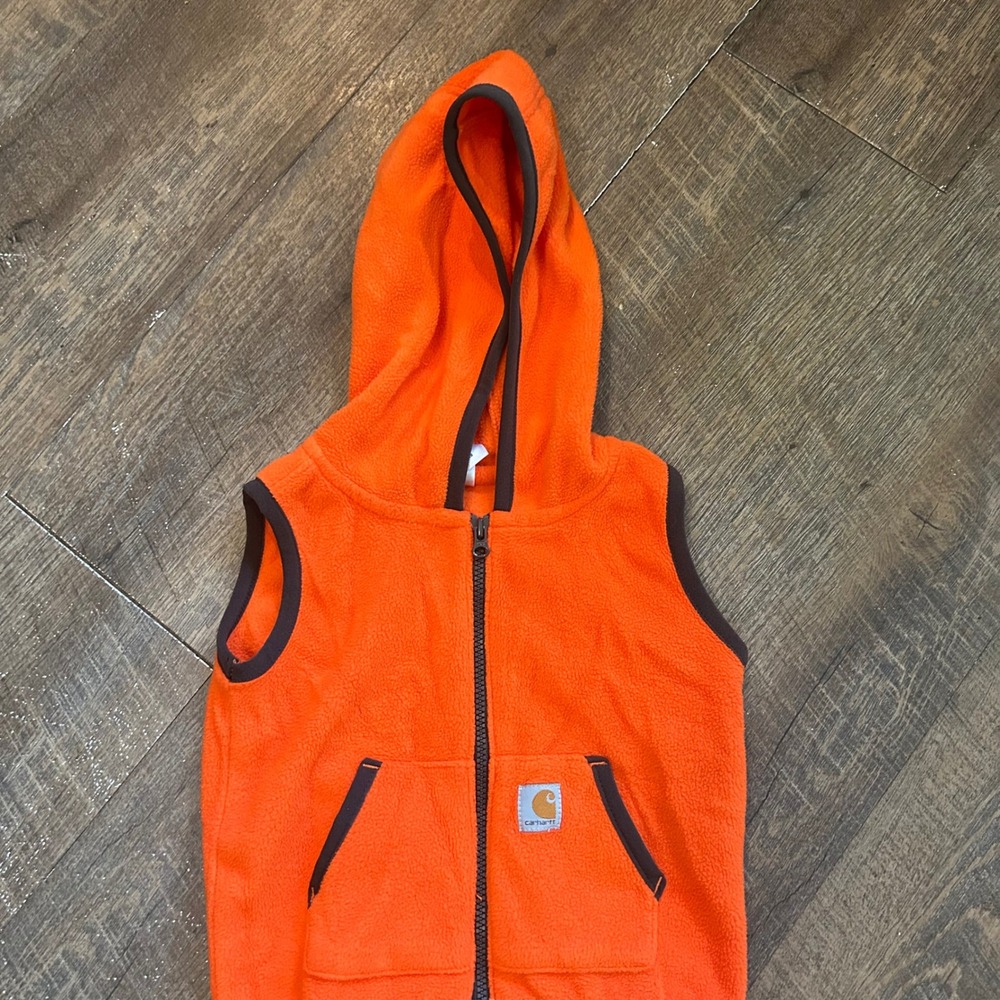 Carhartt Baby 9M Blaze Orange Hooded Fleece Vest Full Zip Brown Trim Kids Jacket